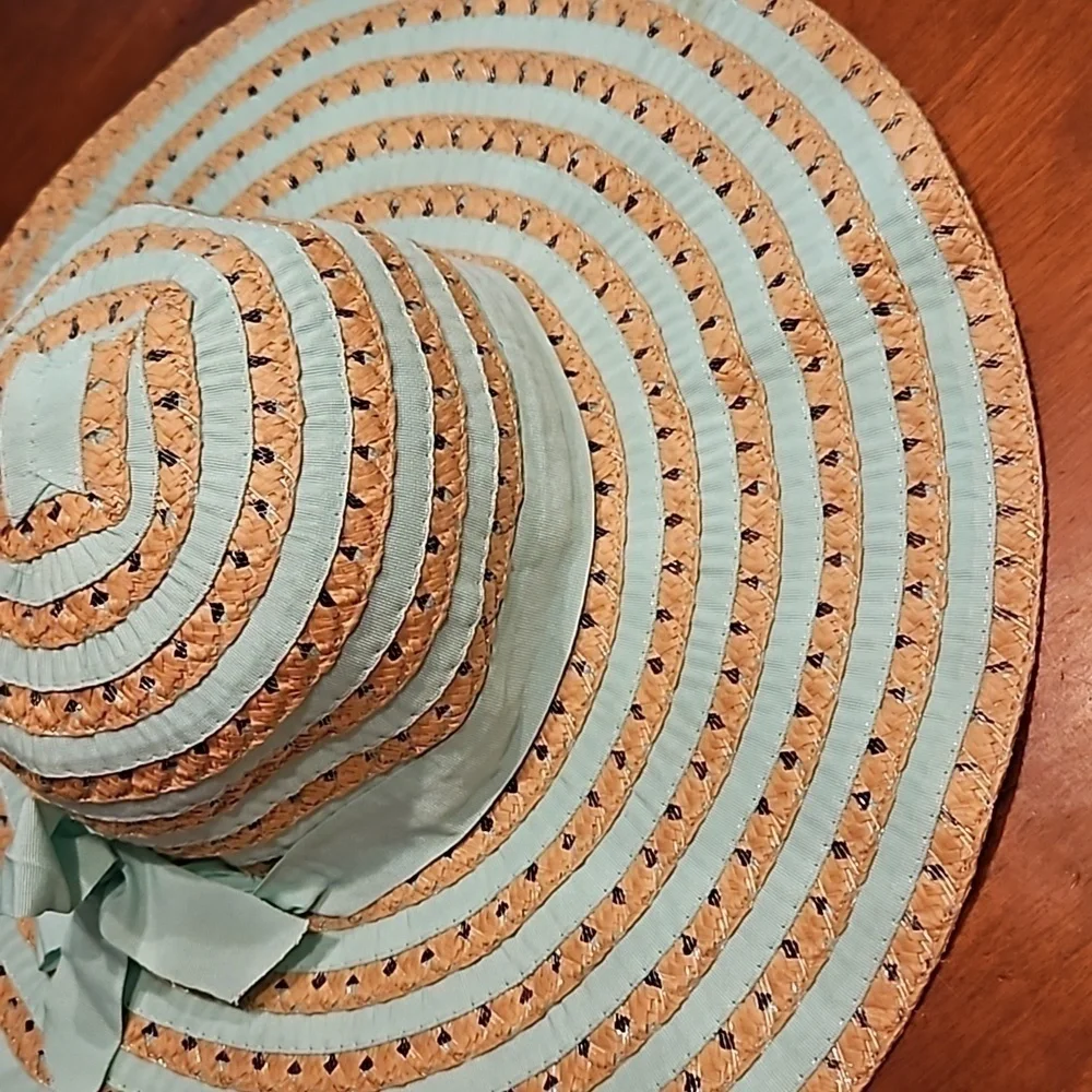 CHATTIES Mint Ribbon Striped Straw Floppy Wide Brim Hat